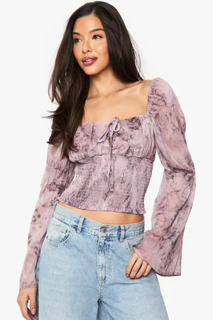 Boohoo Womens Floral Chiffon Tie Front Shirred Blouse - - 6