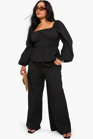Boohoo Womens Plus Drawstring Waist Poplin Wide Leg Trouser - - 16