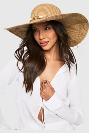 Boohoo Womens Pearl Trim Oversized Straw Summer Hat - - One Size