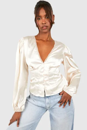 Boohoo Womens Satin Button Detail Long Sleeve Blouse - - 12