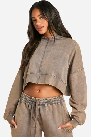 Boohoo Womens Washed Boxy Crop Zip Through Hoodie - - M