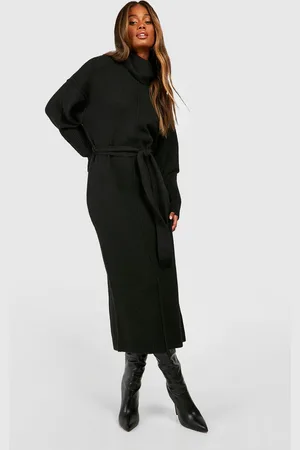 Boohoo Womens Seam Detail Belted Roll Neck Soft Knit Midaxi Jumper Dress - - L