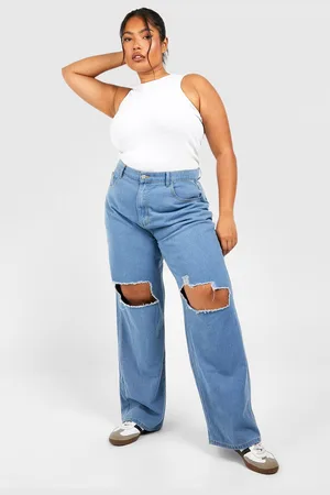 Boohoo Womens Plus Ripped Knee Acid Wash Straight Leg Jeans - - 28
