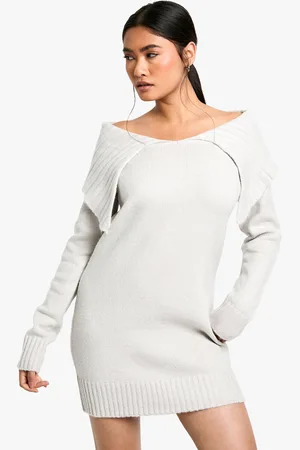 Boohoo Womens Soft Knit Oversized Collar Off The Shoulder Jumper Dress - - M