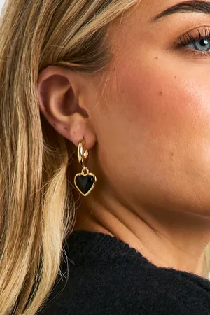 Boohoo Womens Black Enamel Heart Drop Hoop Earrings - - One Size