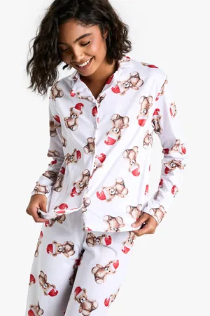 Boohoo Womens Tall Christmas Bear Print Long Sleeve Shirt & Trousers Pyjama Set - - 14