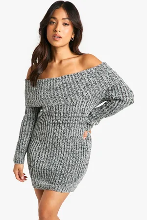 Boohoo Womens Petite Marl Boucle Knit Bardot Jumper Dress - - S