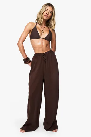 Boohoo Womens Crinkle Beaded Wide Leg Beach Trousers - - S