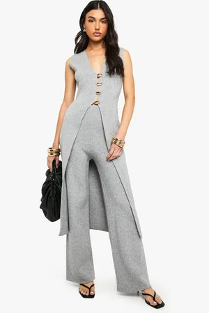 Boohoo Womens Gold Button Detail Longline Knitted Waistcoat And Wide Leg Trouser Co-Ord - - S