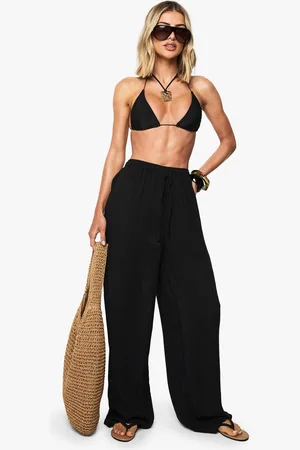Boohoo Womens Crinkle Beaded Wide Leg Beach Trousers - - S