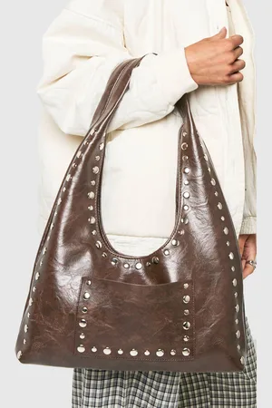 Boohoo Womens Stud Trim Distressed Slouchy Shoulder Bag - - One Size