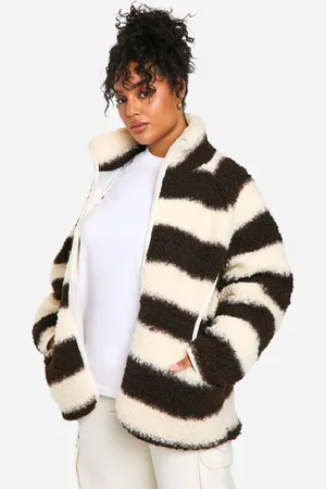 Boohoo Womens Plus Stripe Oversized Curly Teddy Zip Up Jacket - - 16