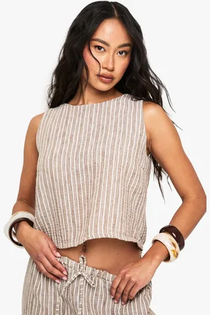 Boohoo Womens Linen Look Stripe Boxy Crop Top - - 6