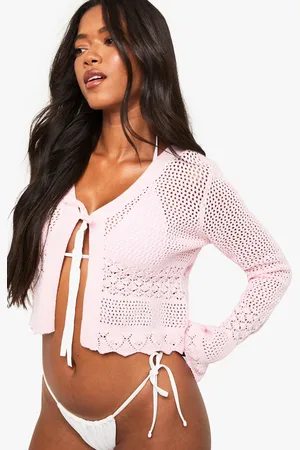 Boohoo Womens Crochet Knitted Tie Front Flare Sleeve Cardigan - - S