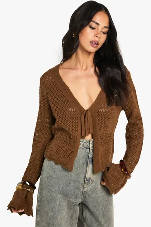 Boohoo Womens Crochet Knitted Tie Front Flare Sleeve Cardigan - - S
