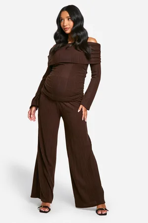 Boohoo Womens Emily Shak Maternity Soft Rib Fold Over Ruched Waist Wide Leg Trouser - - 10