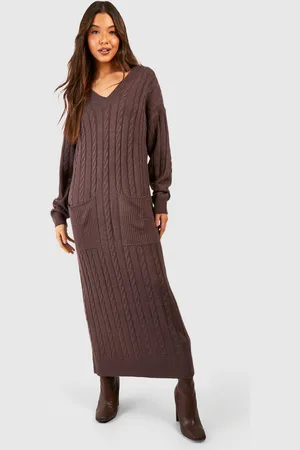 Boohoo Womens Knitted V Neck Patch Pocket Midi Dress - - 10