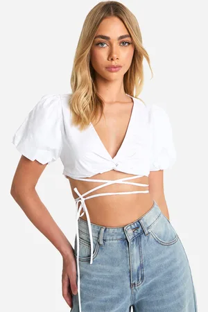 Boohoo Womens Puff Sleeve Knot Front Crop Top - - 8