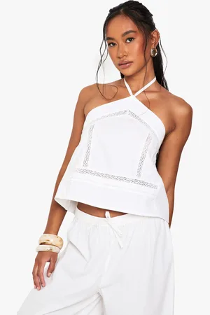 Boohoo Womens Embroidered Lace Insert Halterneck Cotton Poplin Cami Top - - 6