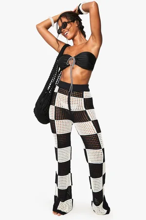 Boohoo Womens Checkerboard Crochet Wide Leg Beach Trouser - - S