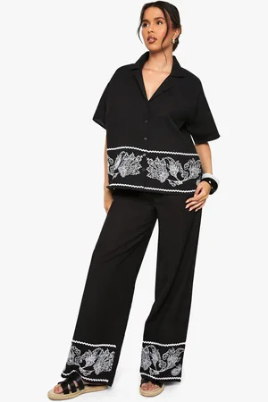 Boohoo Womens Embroidered Trim Cotton Poplin Wide Leg Trousers - - 6