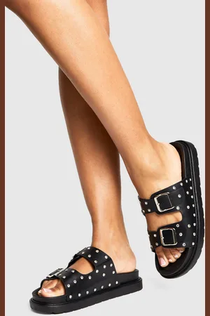 Boohoo Womens Embellished Double Buckle Detail Footbed Sliders - - 3