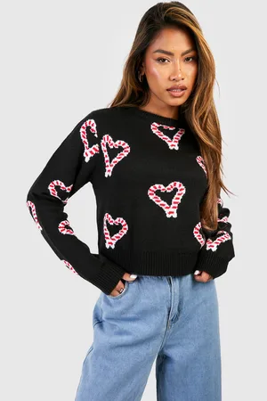 Boohoo Womens Heart Candy Cane Crop Christmas Jumper - - M