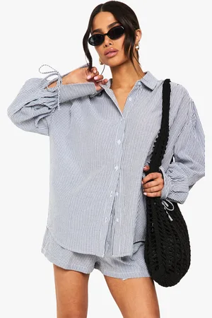 Boohoo Womens Petite Balloon Sleeve Stripe Shirt And Shorts Set - - 6