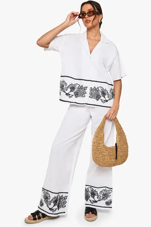 Boohoo Womens Embroidered Trim Cotton Poplin Wide Leg Trousers - - 6