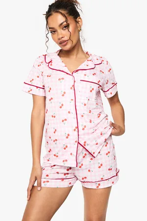 Boohoo Womens Cherry Print Gingham Piping Detail Short Sleeve Shirt & Shorts Pyjama Set - - 6