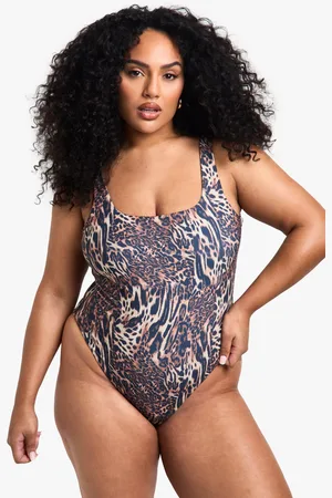 Boohoo Womens Plus Swimwear Essentials Leopard Scoop Neck Swimsuit - - 16