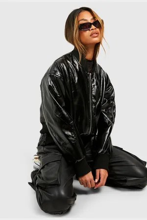 Boohoo Womens Vinyl Crop Faux Leather Bomber Jacket - - 16