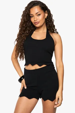 Boohoo Womens Halter Neck Beach Knit Scallop Edge Top And Short - - S