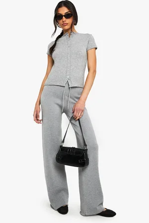 Boohoo Womens Knitted Button Through T-Shirt And Wide Leg Trouser Set - - S