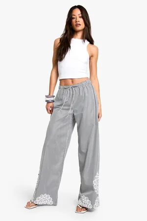 Boohoo Womens Tall Pinstripe Floral Embroidery Hem Trouser - - 8
