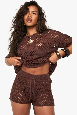 Boohoo Womens Crochet Oversized Knitted Top And Knicker Short Set - - S