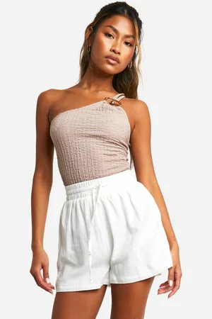 Boohoo Womens Textured Crinkle One Shoulder Ring Detail Bodysuit - - 6