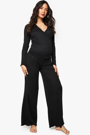 Boohoo Womens Maternity Brushed Rib Wrap Lettuce Hem Top & Trouser Lounge Set - - 8