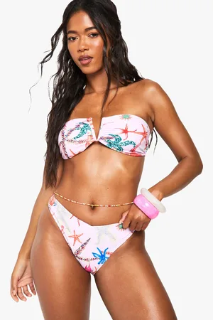 Boohoo Womens Starfish Print Bandeau Bikini Top & V-Front High Leg Bikini Bottoms Set - - 8