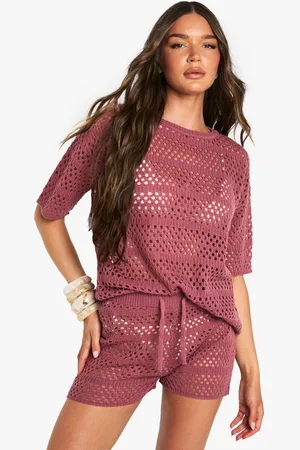 Boohoo Womens Crochet Oversized Knitted Top And Knicker Short Set - - S