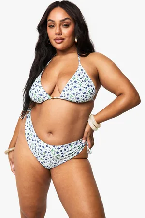 Boohoo Womens Plus Ditsy Floral Beaded Asymmetric Tie Side Bikini Brief - - 16