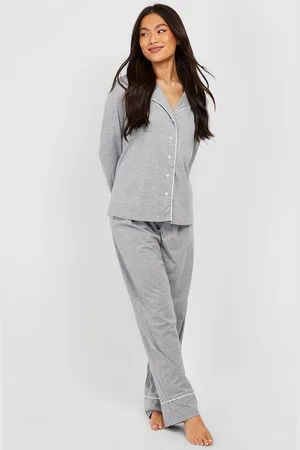 Boohoo Womens Piping Detail Jersey Long Sleeve Shirt & Trousers Pyjama Set - - 14