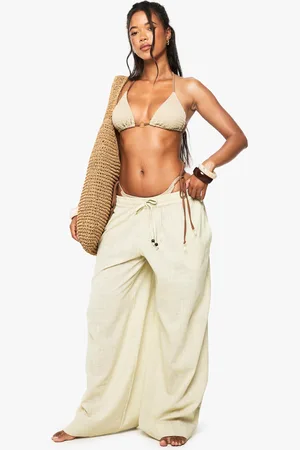 Boohoo Womens Linen Beaded Wide Leg Beach Trousers - - S