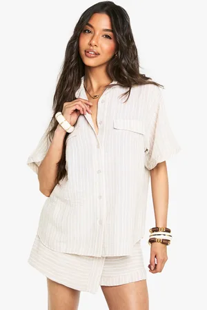 Boohoo Womens Woven Linen Look Striped Short Sleeve Shirt - - 6