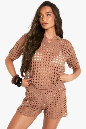 Boohoo Womens Crochet Oversized Shirt And Knitted Short Set - - S