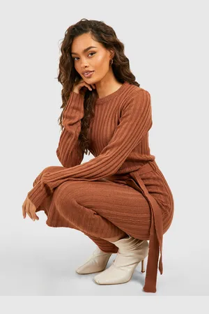 Boohoo Womens Rib Knit Belted Midi Dress - - S