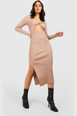 Boohoo Womens Knot Front Cut Out Detail Rib Knit Midi Dress - - M/L