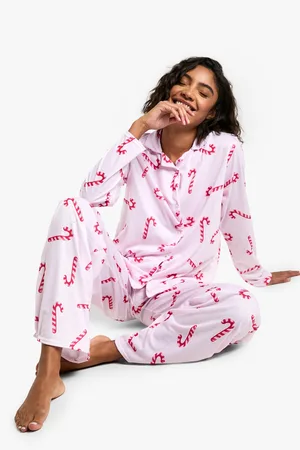Boohoo Womens Tall Christmas Candy Cane Print Long Sleeve Shirt & Trousers Pyjama Set - - 14
