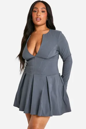 Boohoo Womens Plus Long Sleeve Corset Detail Plunge Pleated Hem Dress - - 22