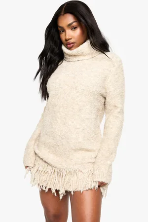Boohoo Womens Boucle Knitted Roll Neck Tassel Jumper Dress - - M